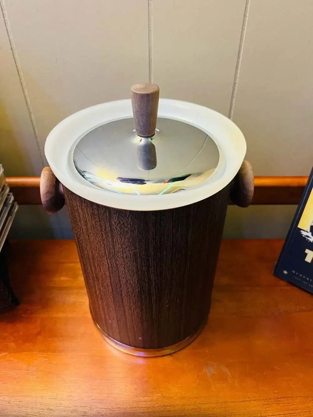 Vintage Kromex Mid-Century Modern Faux Wood Grain and Chrome Ice Bucket